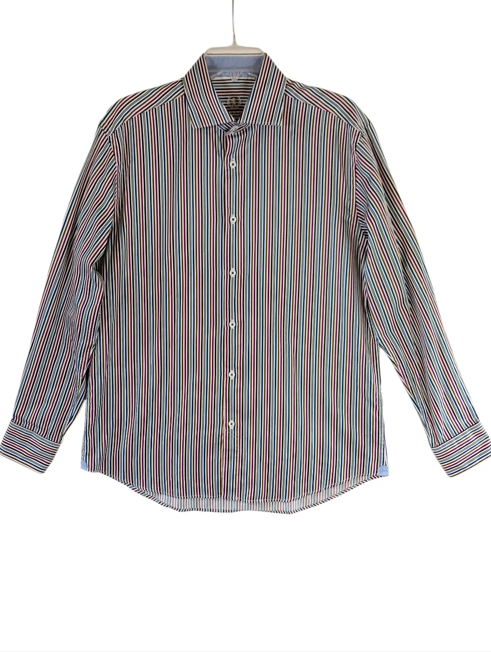 BUGATCHI UOMO Men's Striped Button Down Dress Shirt Gold Pink Green Blue Size M - Picture 6 of 12